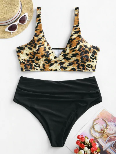 ZAFUL Plus Size Leopard Ruched Tankini Swimwear