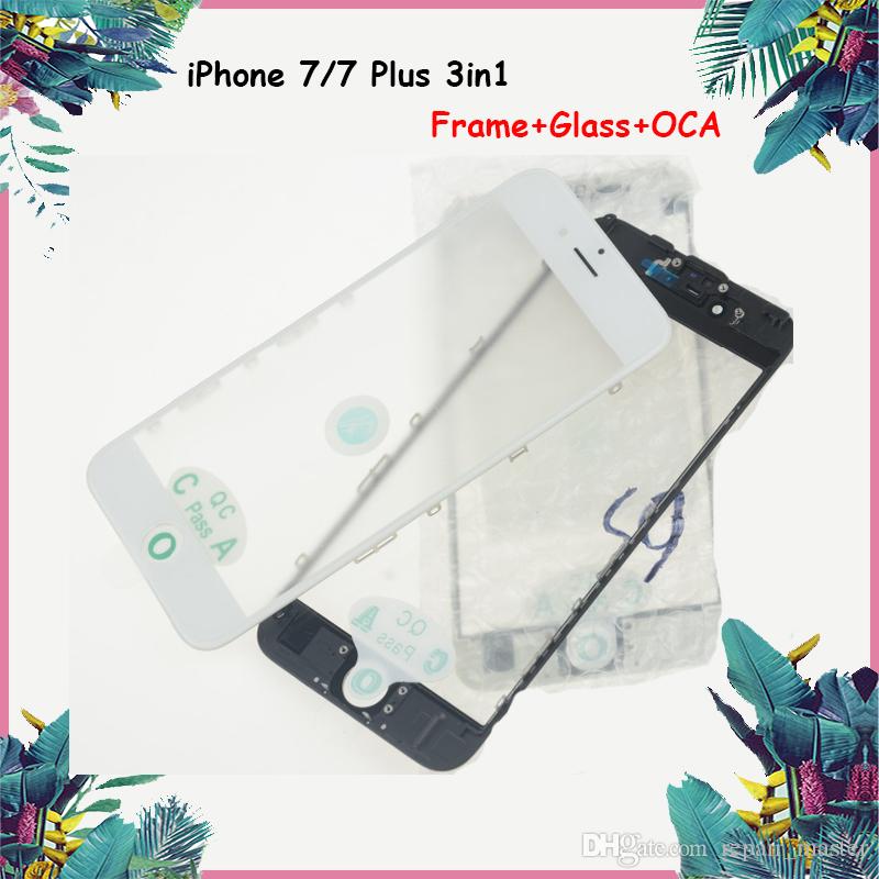 Front Outer Touch Screen Glass For iphone 7 7 Plus Cold Press Middle Frame Bezel+ OCA Installed Glass Lens Replacement Black & White Color
