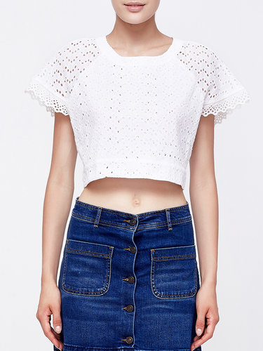 White Sweet H-line Plain Crew Neck Cropped Top