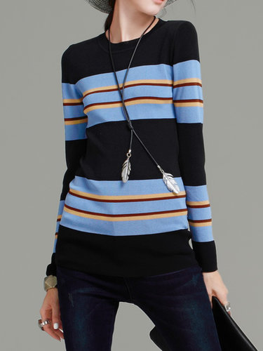 Long Sleeve Sheath Casual Color-block Sweater