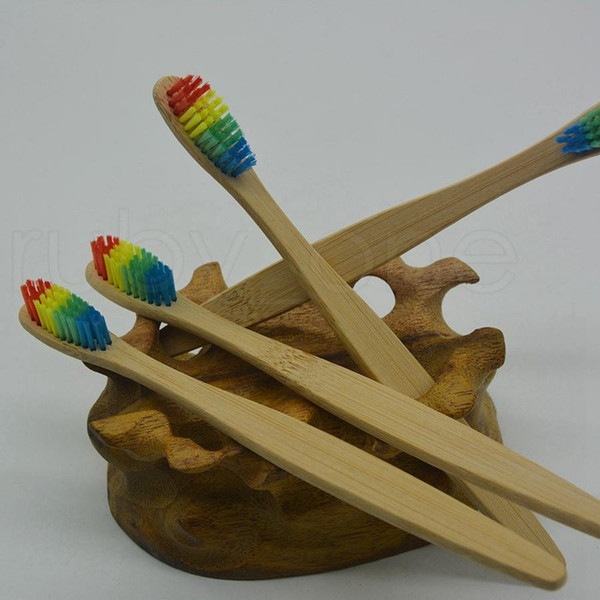 dhl natural bamboo handle toothbrush cepillo de dientes de bambú rainbow colorful soft bristles bamboo toothbrush of paper package