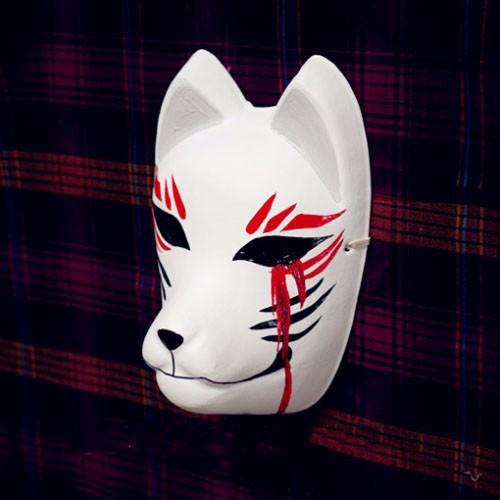 Full Face Hand-Painted Japanese Fox Mask Kitsune Blood Tears Pattern Cosplay Masquerade for Party Carnival Halloween