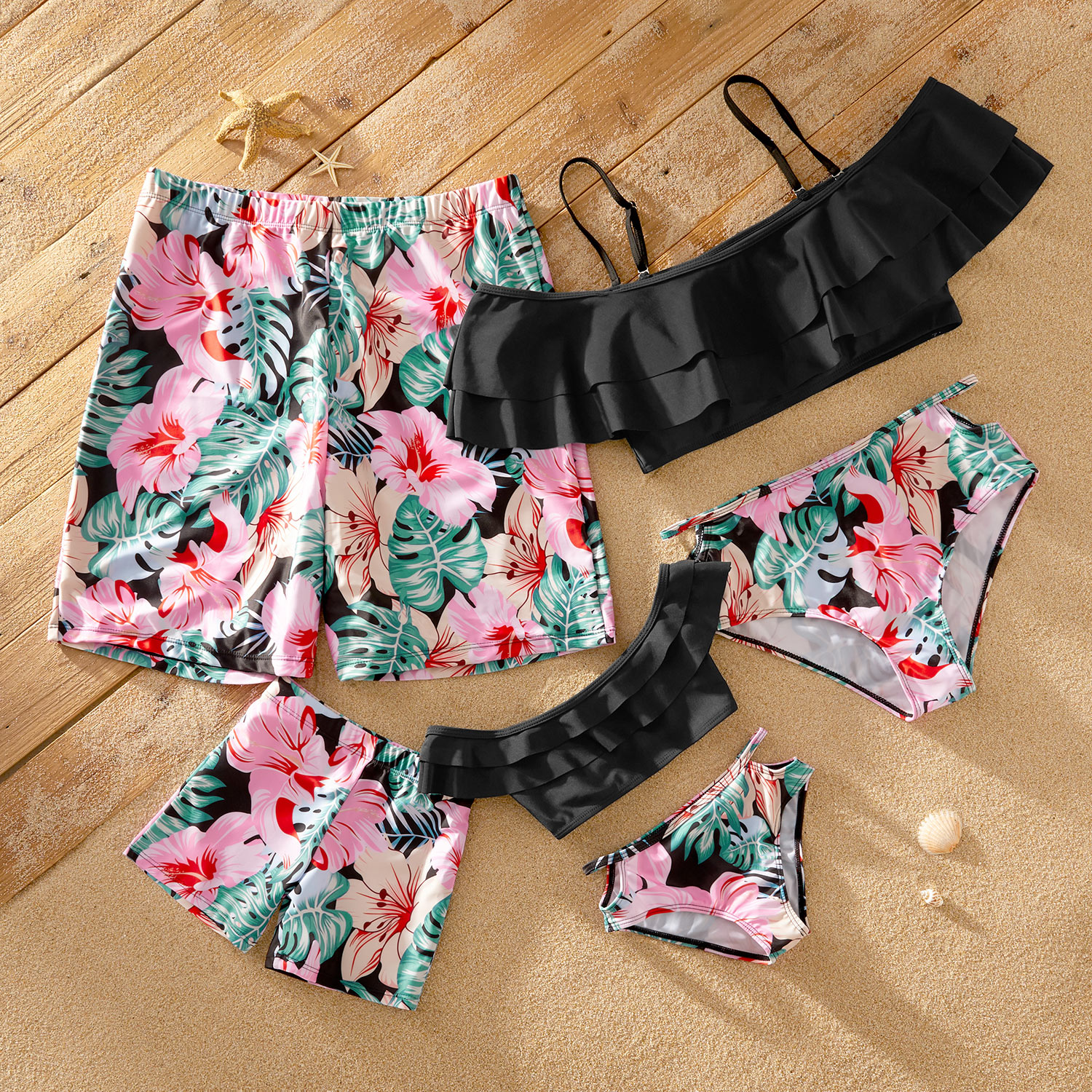 Off-shoulder Flounce Floral Print Matching Swimsuits