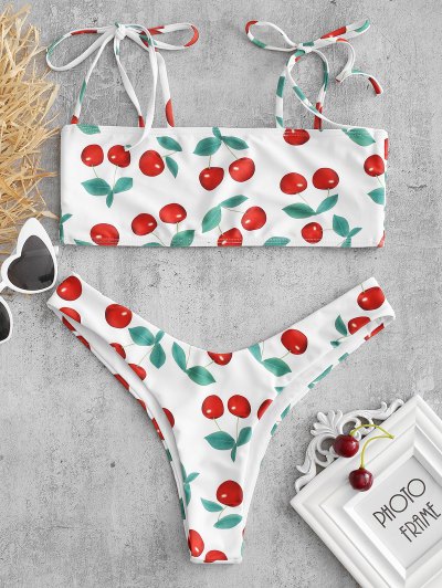 Cherry Tie Shoulder Bralette Bikini Set