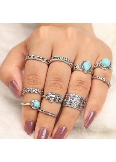Turquoise Decorated Silver Metal Rings Set