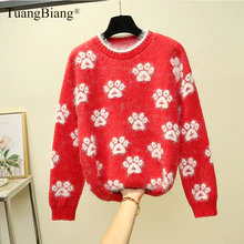 Long Sleeve Thick Winter O-Neck Sweaters Ladies Loose Creative pattern Pullover Thicken knit Red Jumpers women Autumn Soft Tops