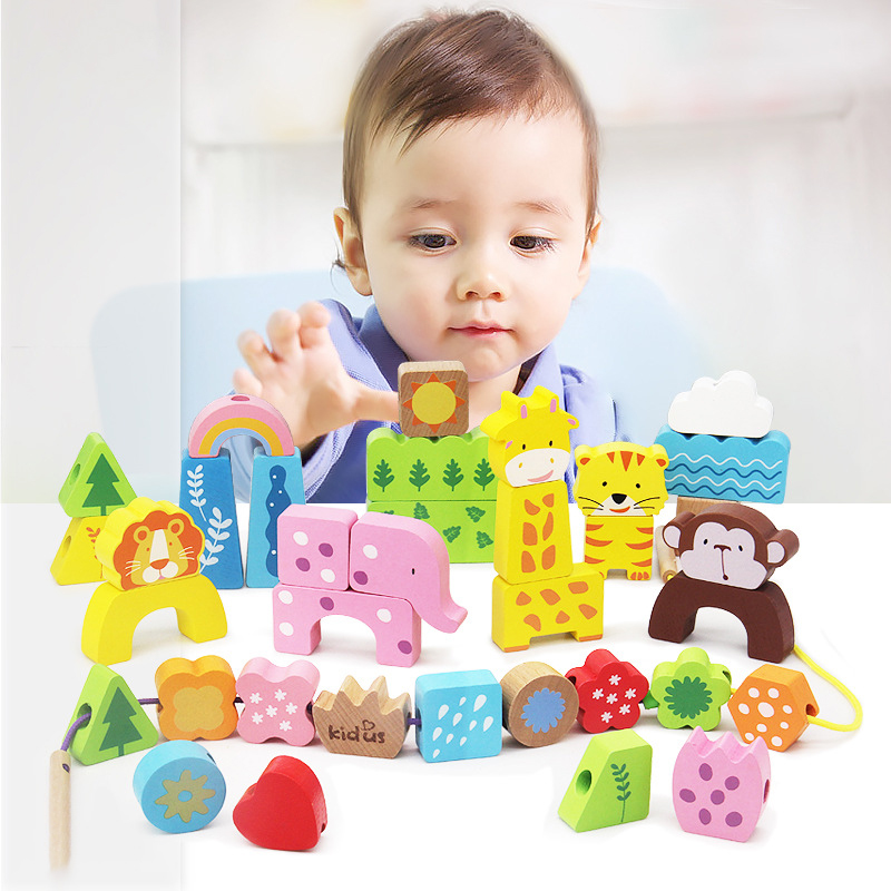 Baby Zoo Lacing Blocks Wooden Matching Peg Puzzle Zoo Animals Jigsaw Puzzles Early Educational Toys Gift for Toddlers