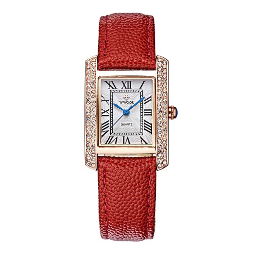 Correa WWOOR 2016 marca de moda de lujo relojes de las mujeres del Rhinestone del diamante del cuero genuino cuarzo casual de las señoras del reloj de 30M a prueba de agua reloj + Caja de almacenamiento
