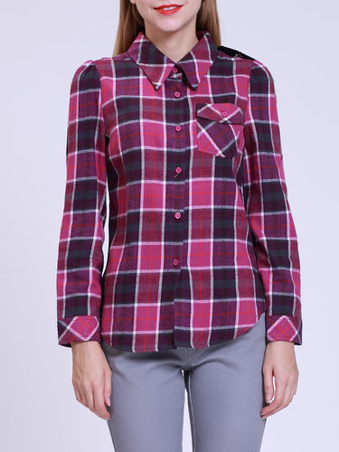 Checkered/Plaid Shirt Collar Buttoned Pockets Long Sleeved Top