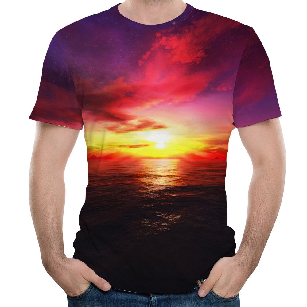 Stylish New Men's 3D Sunset Pattern Printed Short-Sleeve T-shirt