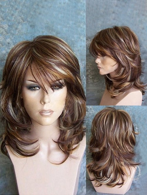 Medium Oblique Bang Highlighted Layered Slightly Curled Synthetic Wig