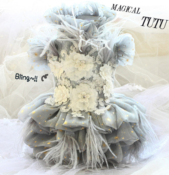 Dog Apparel luxury clothes celebrities senior gray 3D pearl head-ornaments feather royal dress cat wedding