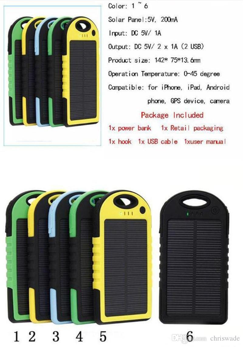 solar power Charger 5000mAh Battery solar panel waterproof shockproof Dustproof portable power bank for Mobile Cellphone Laptop Camera USB