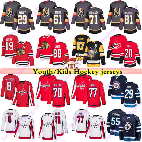 Youth Kids jerseys 29 Fleury 61 Ston 71 Karlsson 29 Laine 8 ovechkin 77 Oshie 19 Toews 88 Kane Crosby Aho Hockey jersey