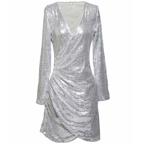 Sparkling Sequin Deep V Neck Cocktail Dresses Women Silver Club Bodycon Sexy Party Dress Robe Grande Taille Femme