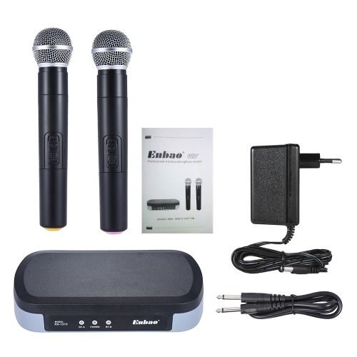 Enbao RX-1212 Professional UHF Wireless Handheld Dual Microphone System 2 Microphones and 1 Wireless Mic Receiver 6.35mm Audio Cable AC Adapter for Karaoke Performance Presentation Public Address