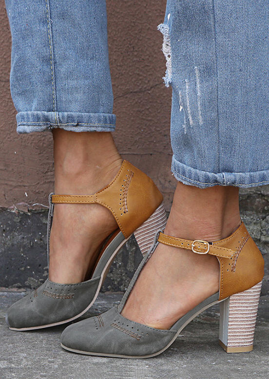 T-Strap Round Toe Heels - Gray