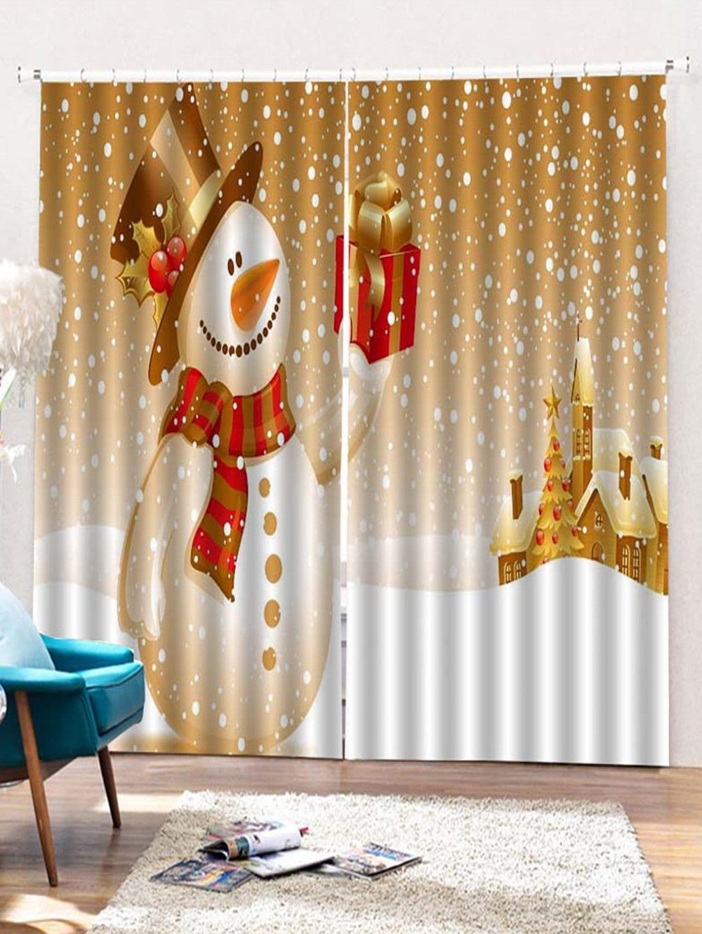 2PCS Christmas Snowman Gift Printed Window Curtains