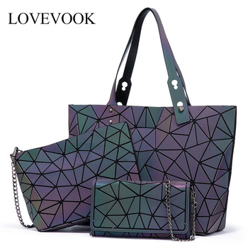 Lovevook women handbags luminous geometric bags shoulder bags set large totes crossbody bags female purse and wallet for ladies