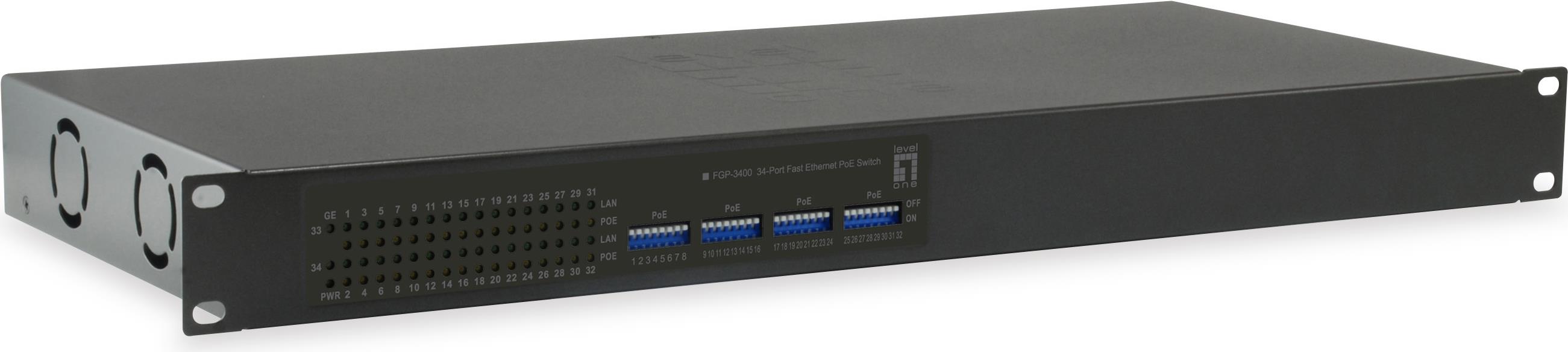 LevelOne FGP-3400W250 - Switch - 32 x 10/100 (PoE+) + 2 x 10/100/1000 - Desktop, an Rack montierbar - PoE+ (250 W)