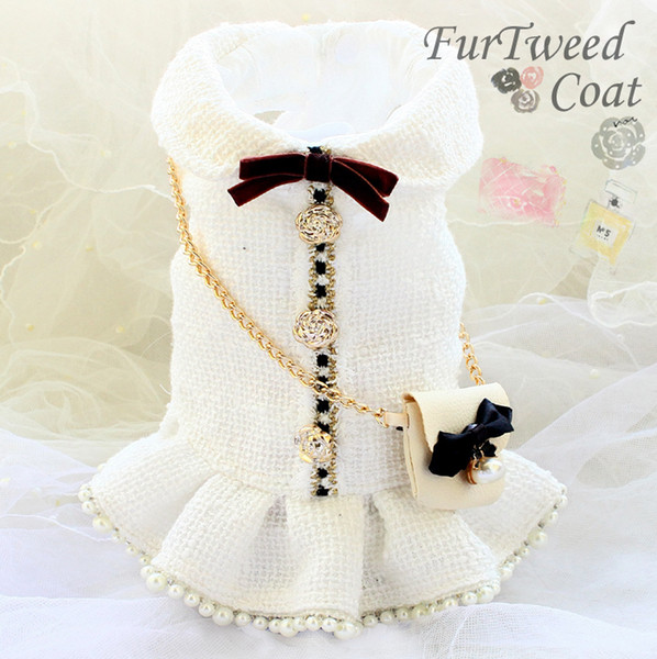 handmade luxury dog apparel Pet clothes coat dress vintage C style tweed outfit chain bag pearl classic autumn winter spring