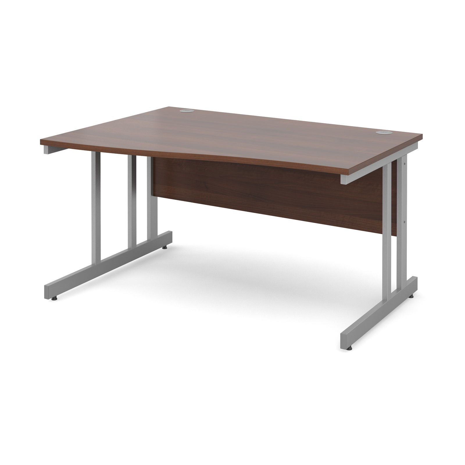 Momento left hand wave desk 1400mm - silver cantilever frame, walnut top