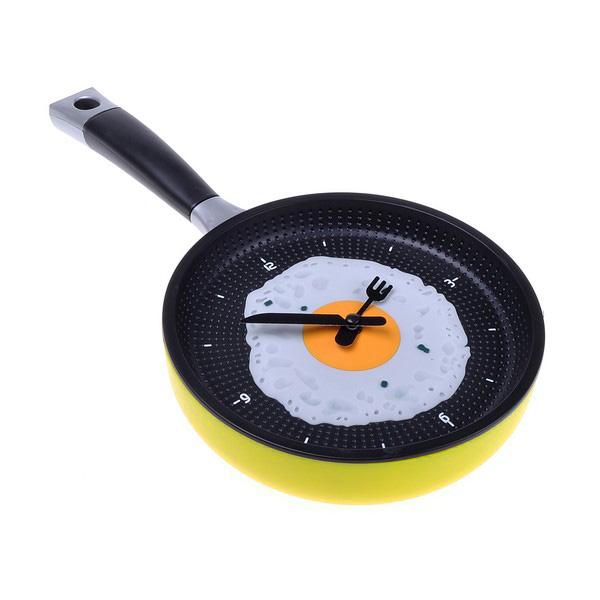 Hot XD-Frying Pan Clock with Fried Egg - Novelty Hanging Kitchen Cafe Wall Clock Kitchen - Yellow