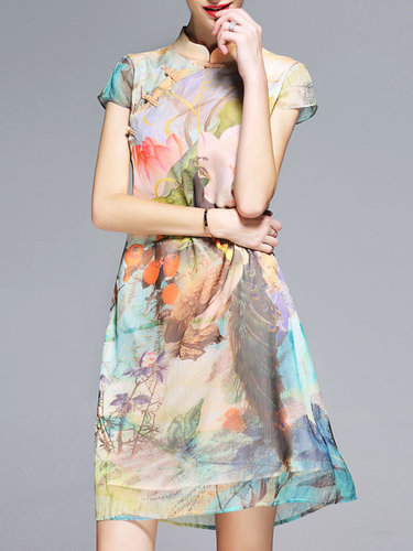 Multicolor Printed A-line Short Sleeve Polyester Vintage Mini Dress
