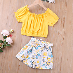 Kinder Baby Mädchen Kleidungsset 2 Stück Kurzarm Gelb Schmetterling Tier Gerüscht Schleife Lässig / Alltäglich nette Art Standard Knielang 2-6 Jahre Lightinthebox