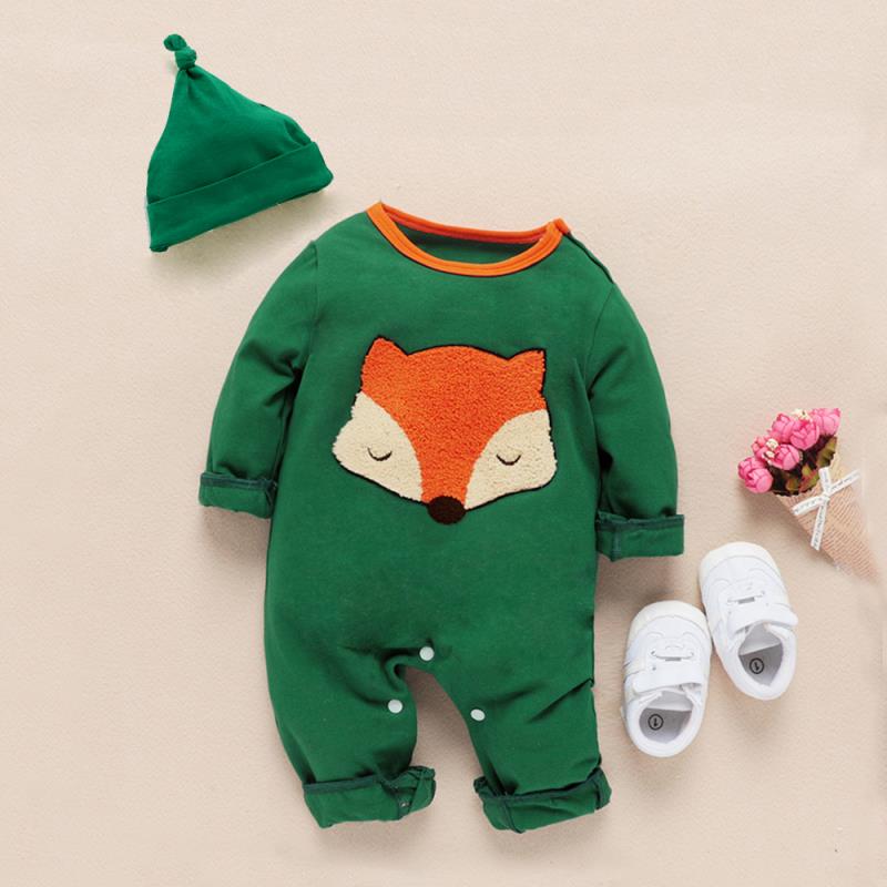 Baby Trendy Fox Embroidered Solid Long-sleeve Jumpsuit and a Hat
