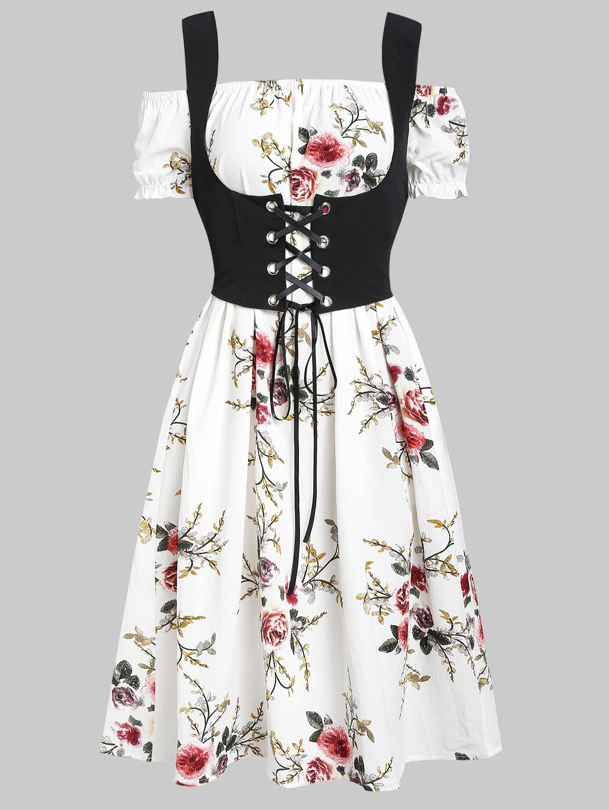 Flower Off Shoulder Dress and Lace-up Waistcoat Set
