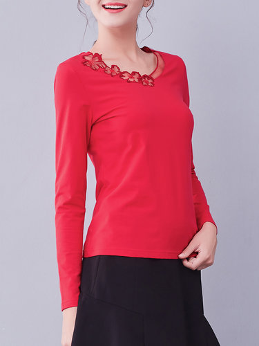 Red Basic Embroidered Crew Neck Cotton-blend T-Shirt