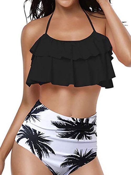 Palm Tree Print Overlay Halter Bikini Set