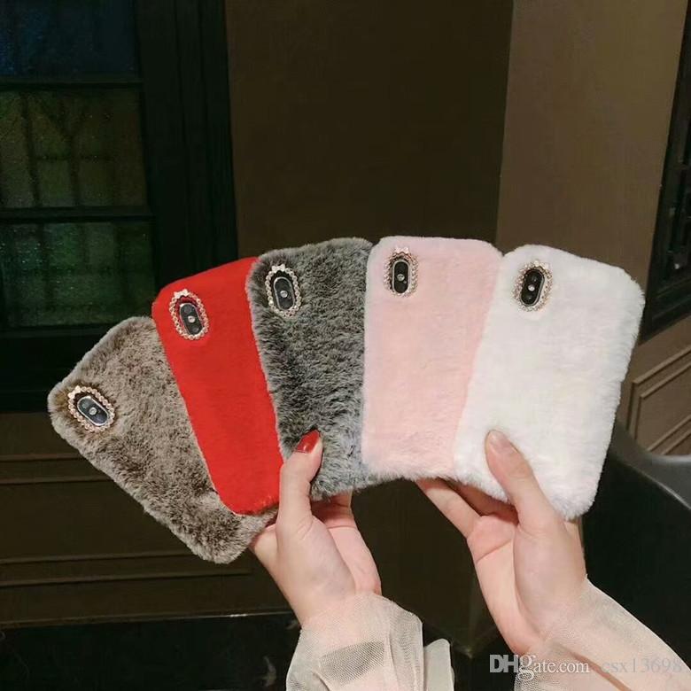 Fashion Luxury Rex Rabbit Hair Diamond Plush Fur Cell Phone Cases for iPhone X XS Max XR 8 7 6 Mobile Shell winter warm soft Cover for women