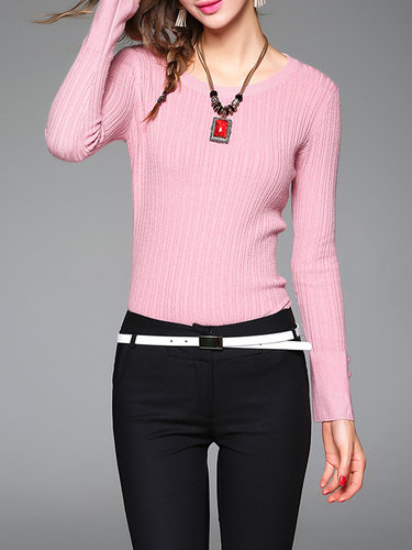 Long Sleeve Buttoned Slit Plain Casual Sweater