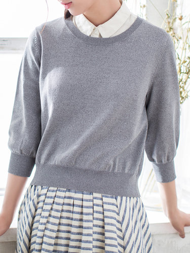Gray Knitted Crew Neck Solid 3/4 Sleeve Top