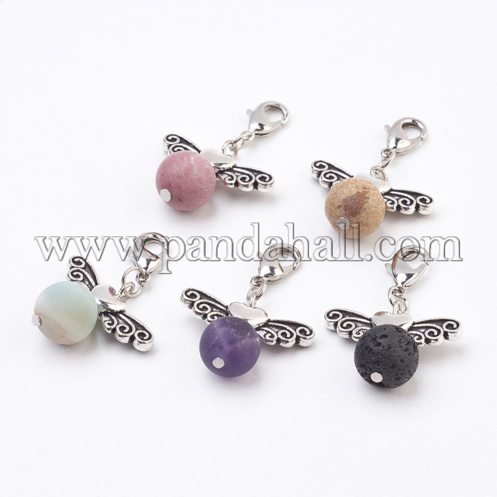 Natural Gemstone Pendants, with Tibetan Style Beads and Brass Lobster Claw Clasps, 34mm