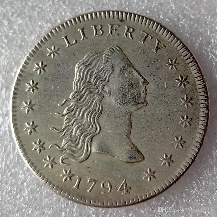 United States Coins 1794 Flowing Hair Brass Silver Plated Dollar Smooth edge Copy Coin