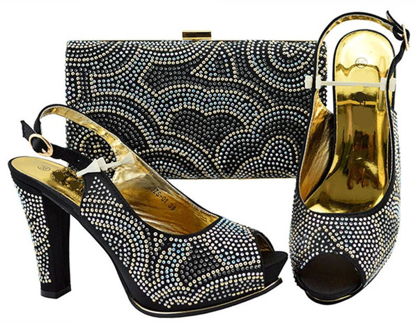 Fashionable black women pumps with rhinestone design bag for dress african shoes match handbag set JZS-01