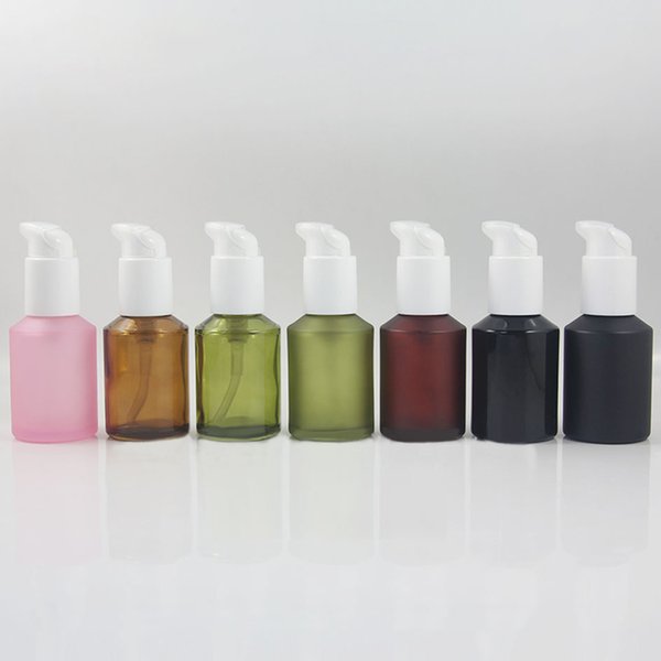 Wholesale glass cosmetic 60ml lotion pump bottle, empty colored glass serum bottle, round frosted glass lotion bottle