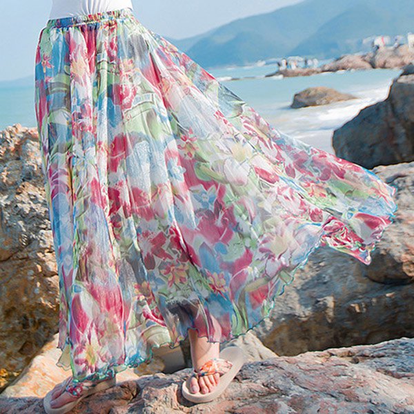 Stylish Elastic Waist Floral Print Chiffon Women's Maxi Skirt