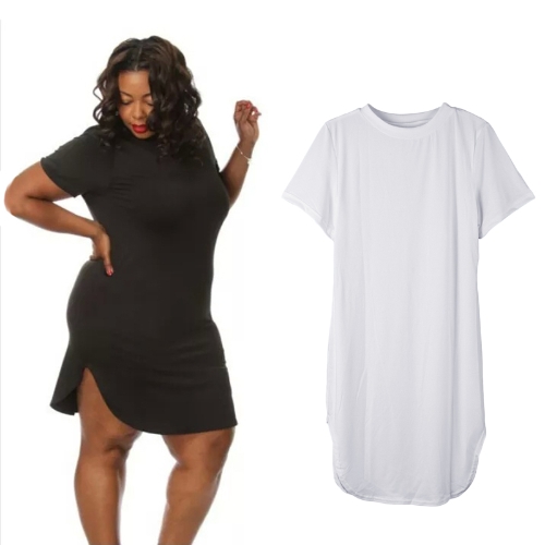 Fashion Women Loose Dress Round Neck Side Slit Casual T-shirt Mini Dress Black/White