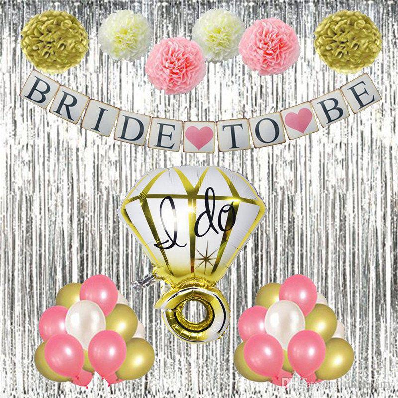 Bride To Be Glitter Banner for Bridal Shower, Paper Pompoms Flowers, Themed Party Banner, Ring Foil Balloon, 27pcs Latex Balloons Kit