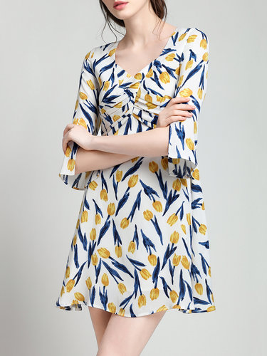 Yellow Floral-print A-line Casual Mini Dress