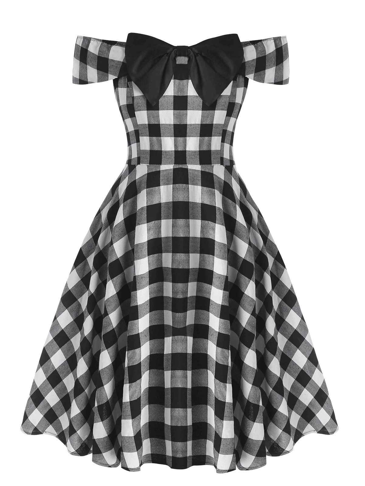 Plus Size Off The Shoulder Checked Bowknot Dress
