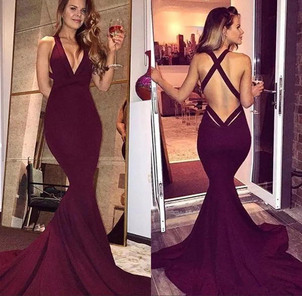 Sexy Burgundy Prom Dress 2019 Mermaid Backless Sleeveless Sweep Train Long Party Dresses Evening Gown Formal Wear