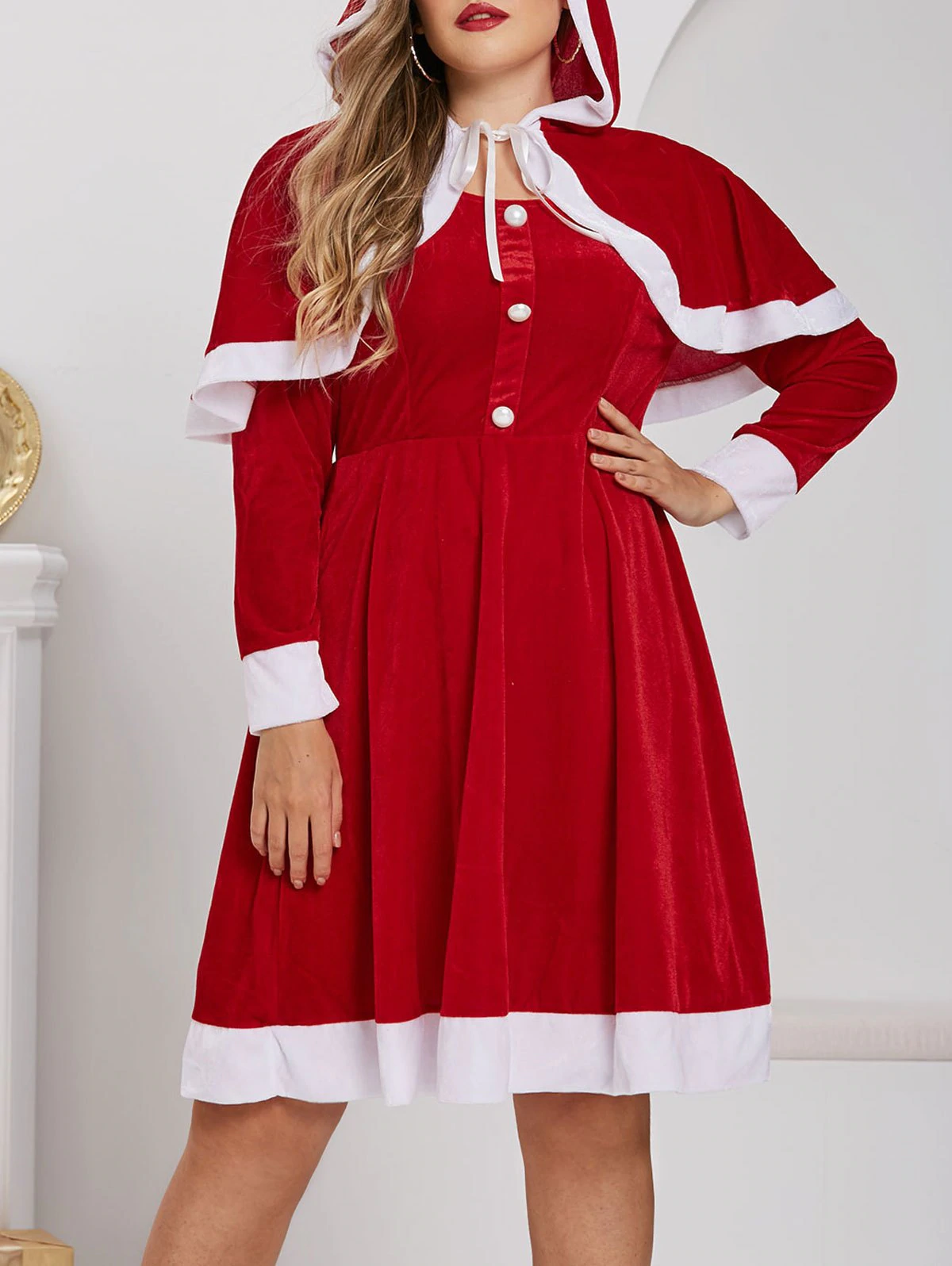 Plus Size Velvet Christmas Dress with Hooded Cape Set
