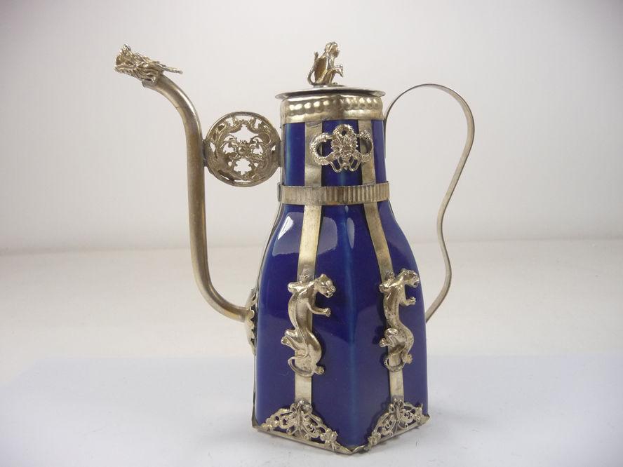 Exquisite Chinese Vintage Handwork Tibetan Silver Dragon Monkey Inlaid with Porcelain Teapot