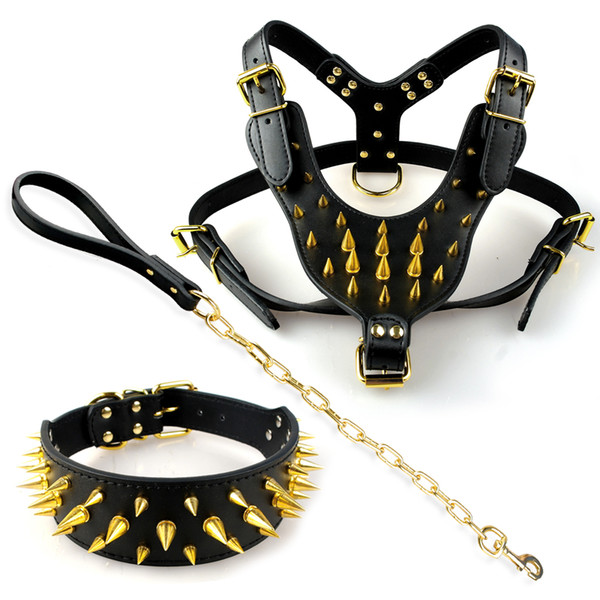 Gold Spikesd Leather Dog Pet Pitbull Harness Studded Collar Chain Leash Set for Large Dogs