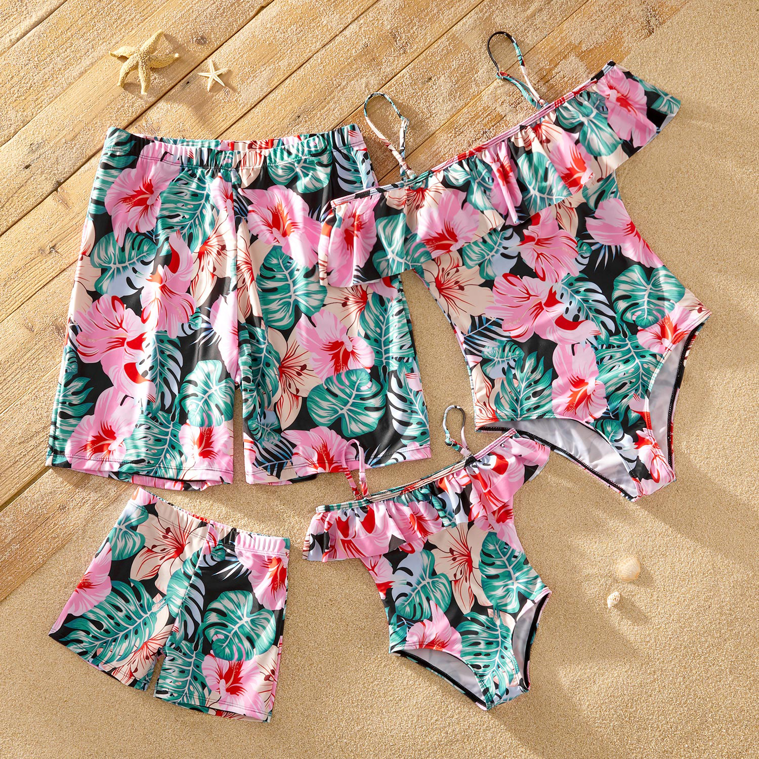 Off-shoulder Flounce Tropical Plants Print Matching Swimsuits